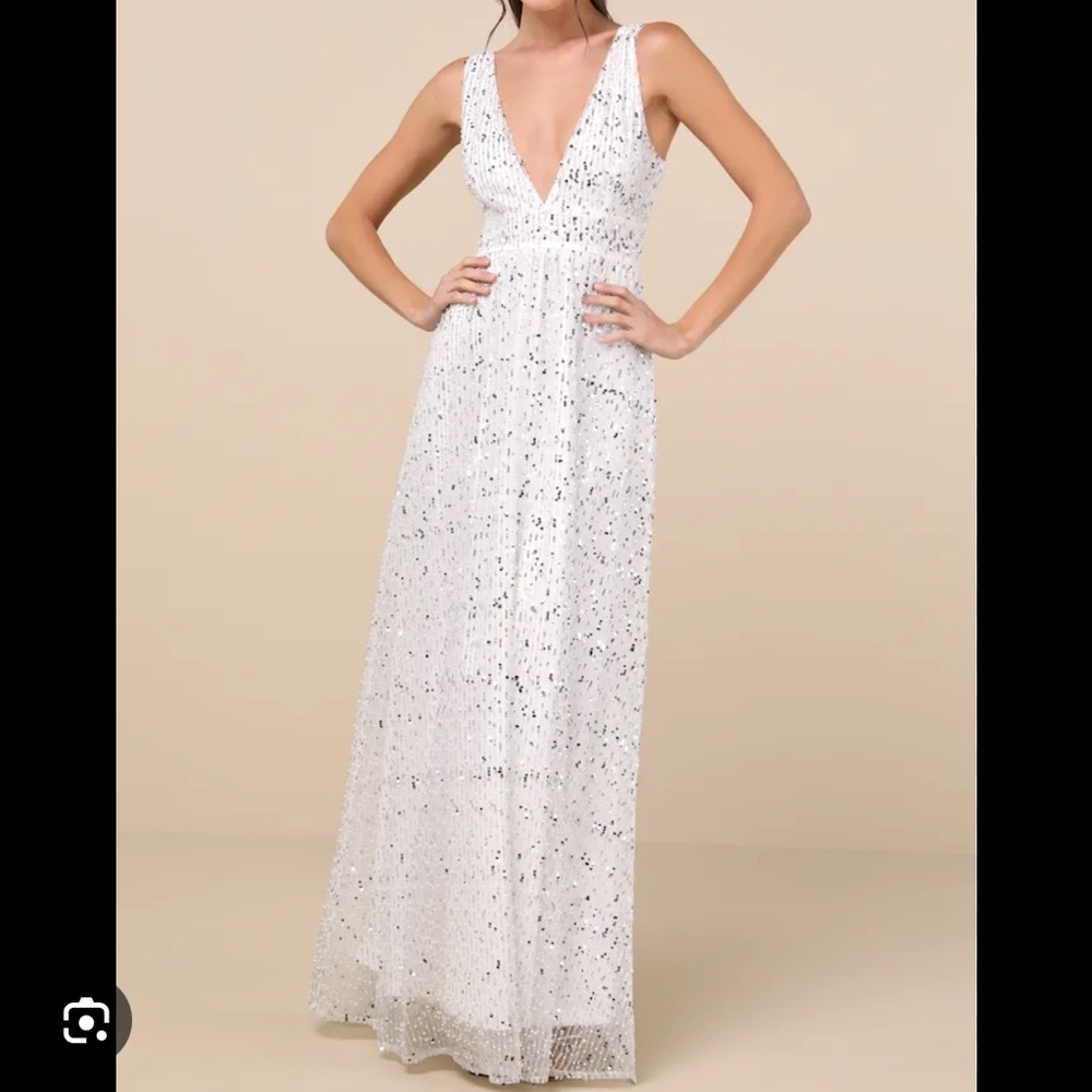 Lulu's white Sequin V-Neck Maxi Gown
